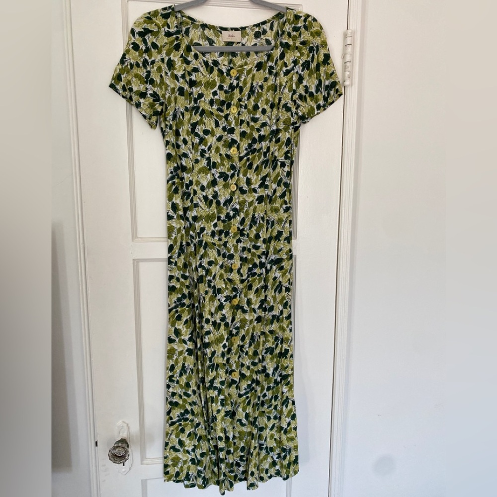 Sisley Green Vintage Leaf-Print Short-Sleeve Button-Front Dress Made in Italy